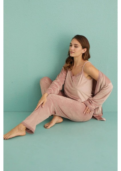 13402 Pudra Kadife 3'lü Kadın Pijama Takımı fırsatları