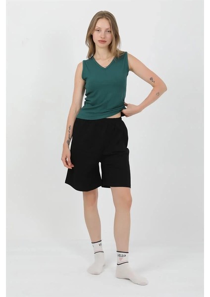 Kadın Kalın Askılı Pamuk Penye Şortlu Takım Yeşil