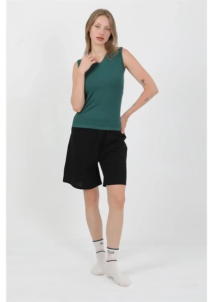 Kadın Kalın Askılı Pamuk Penye Şortlu Takım Yeşil indirimleri