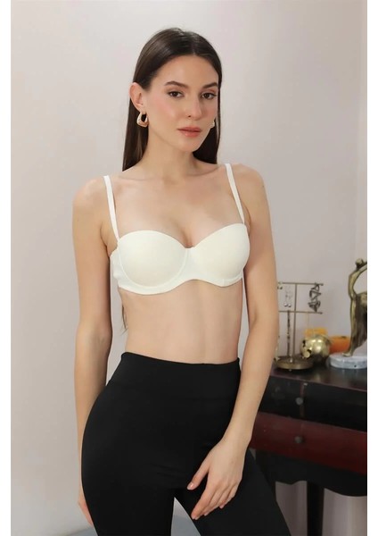Kadın Yarım Destekli Balenli Staplez Sütyen Ekru