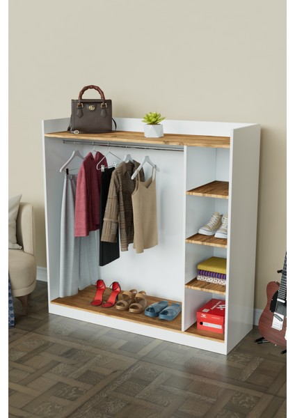 4 Rafli Mini Gardırop Askılıklı Vestiyer Çok Amaçlı Kapaksız Elbise Dolabı