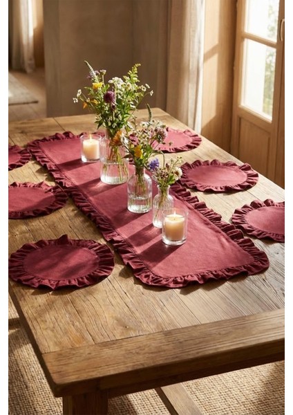 Fırfırlı Runner ve Supla Takımı - Masa Örtüsü Takımı 7 Parça 150X50