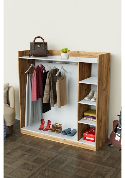 4 Rafli Mini Gardırop Askılıklı Vestiyer Çok Amaçlı Kapaksız Elbise Dolabı