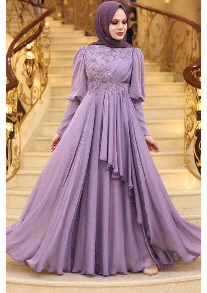 İnci Detaylı Lila Tesettür Abiye Elbise 21930LILA fırsatları