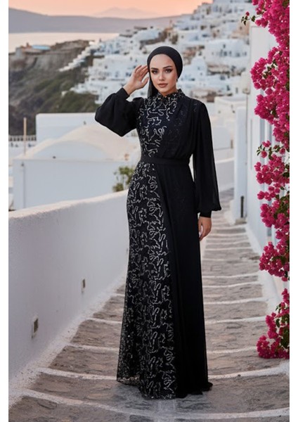 Şifon Detaylı Pul Payet Gümüş Tesettür Abiye Elbise 5516GMS fırsatları