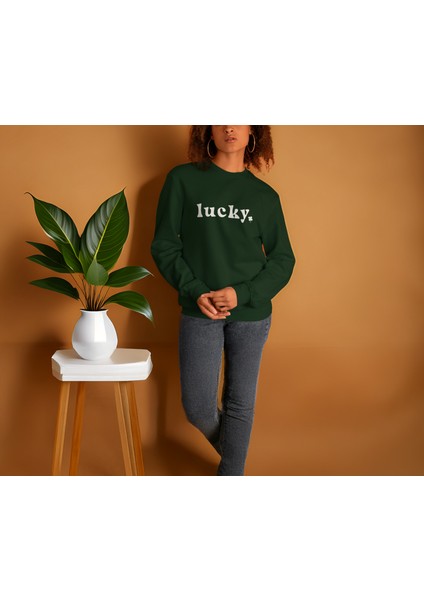 Kadın Yeşil Oversize Kalın Içi Polarlı Sweatshirt – Lucky Yazı Detaylı