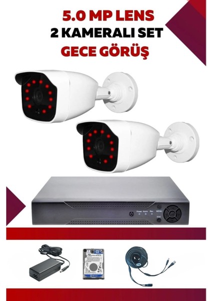 2 Kameralı Hd Set - 5mp Sony Lensli Full Hd Gece Görüşlü Güvenlik Kamerası Sistemi