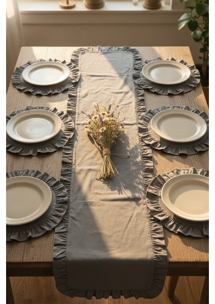 Fırfırlı Runner ve Supla Takımı - Masa Örtüsü Takımı 7 Parça 120x40