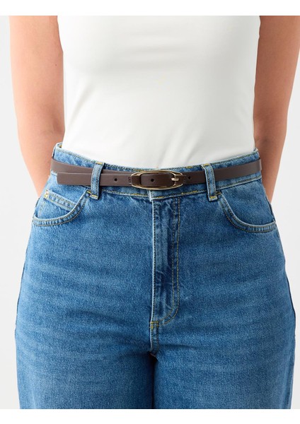 Acı Kahve Deri Görünümlü Metal Tokalı Ince Kemer