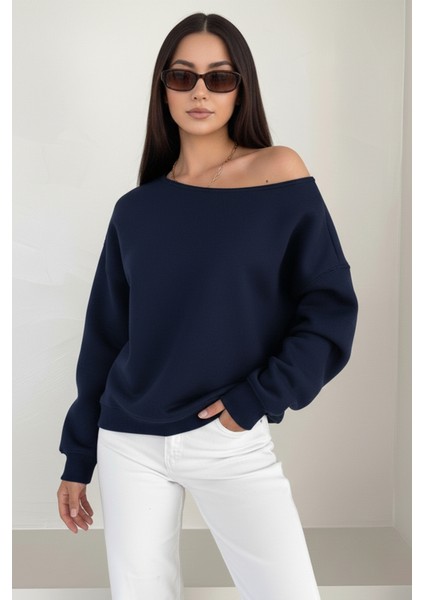 Üç Iplik Şardonlu Uzun Kollu Kayık Yaka Sweatshirt