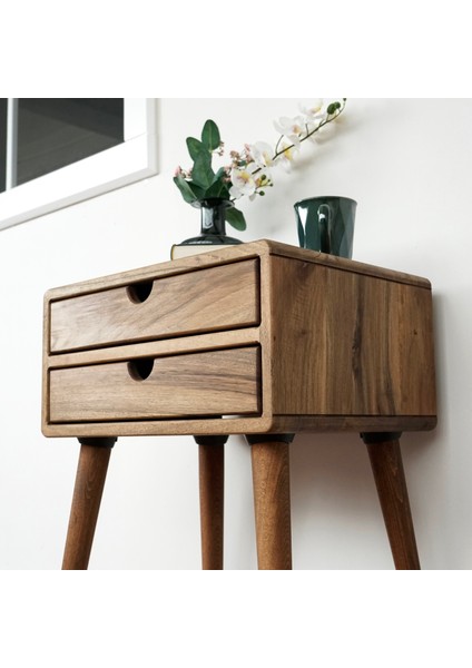 Yatak Odası Raflı ve Çekmeceli Ahşap Ceviz Komodin, Ev Mobilyası