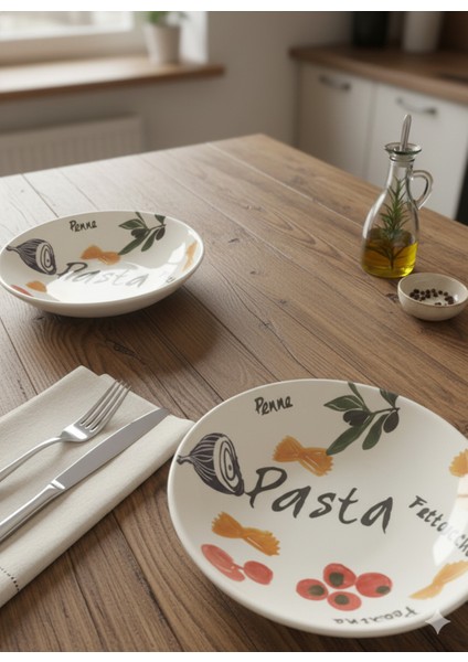 22 cm Seramik Derin Makarna Tabağı Beyaz Desenli 2 Adet