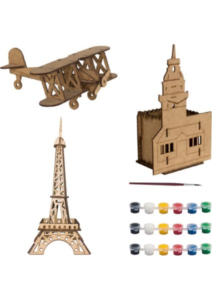 Ahşap Kız Kulesi ve Eyfel Kulesi Uçak Boyama Seti, Kahverengi