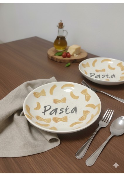 2 Adet 22 cm Seramik Derin Makarna Tabağı Kremdesenli