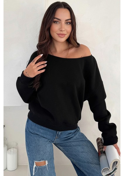 Üç Iplik Şardonlu Uzun Kollu Kayık Yaka Sweatshirt modelleri