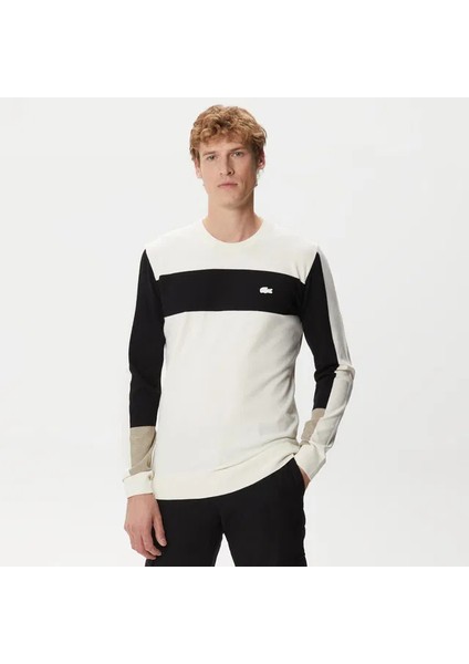 Erkek Regular Fit Uzun Kollu Bisiklet Yaka Renk Bloklu Ekru Triko