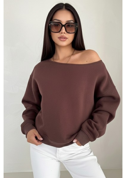 Üç Iplik Şardonlu Uzun Kollu Kayık Yaka Sweatshirt