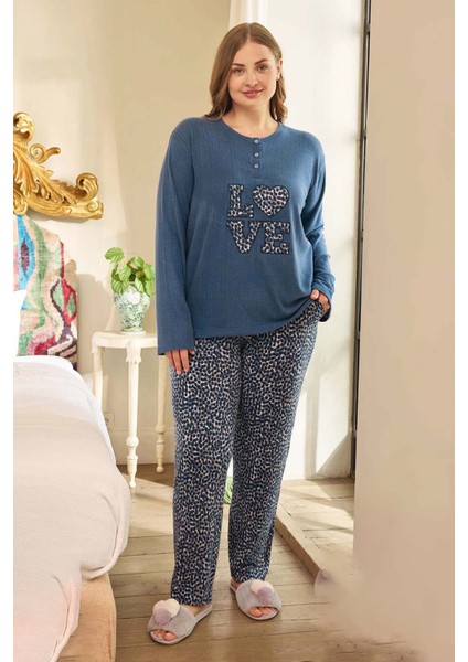 Büyük Beden Kadın Yazılı Uzun Kol Pijama Takımı 240684 Lacivert