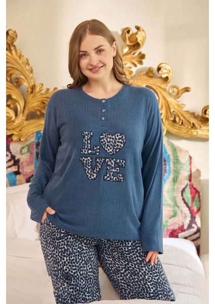 Büyük Beden Kadın Yazılı Uzun Kol Pijama Takımı 240684 Lacivert fiyatları