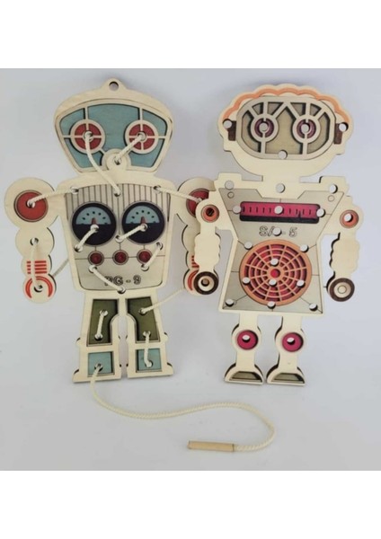 Renkli Ahşap Robot Kardeşler El Kas Gelişim Seti, Ip Geçirmeli, Kahverengi