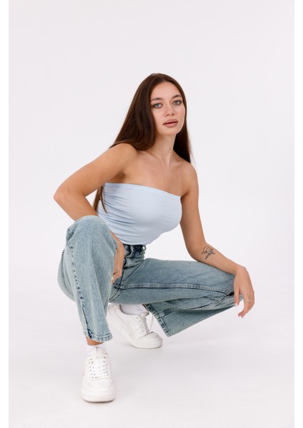 Yeşil Kar Yıkama Renkli Kadın Yüksek Bel Boru Paça Jean