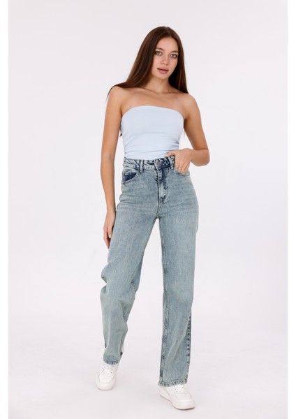 Yeşil Kar Yıkama Renkli Kadın Yüksek Bel Boru Paça Jean fiyatları