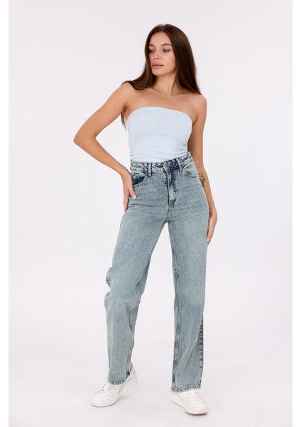 Yeşil Kar Yıkama Renkli Kadın Yüksek Bel Boru Paça Jean modelleri