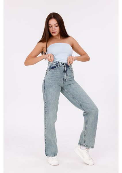 Yeşil Kar Yıkama Renkli Kadın Yüksek Bel Boru Paça Jean indirimleri