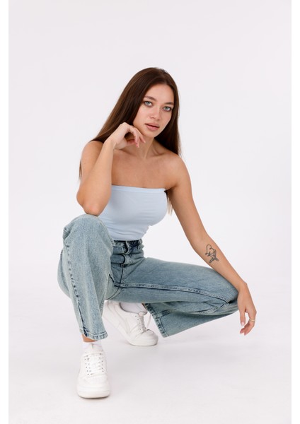 Yeşil Kar Yıkama Renkli Kadın Yüksek Bel Boru Paça Jean