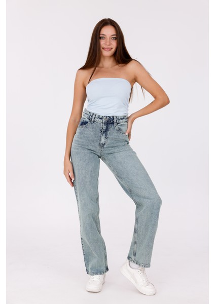 Yeşil Kar Yıkama Renkli Kadın Yüksek Bel Boru Paça Jean