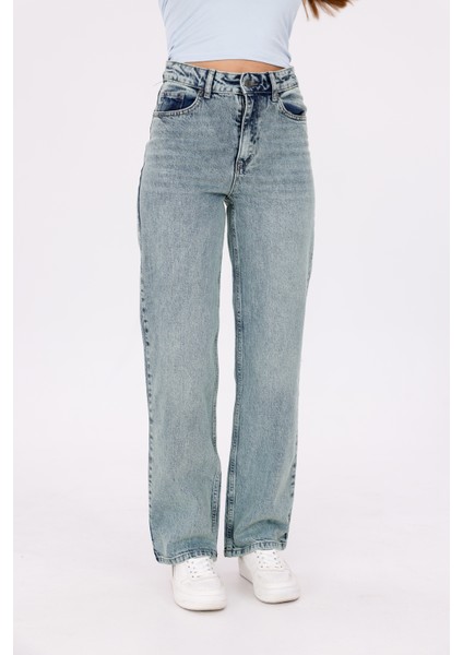 Yeşil Kar Yıkama Renkli Kadın Yüksek Bel Boru Paça Jean