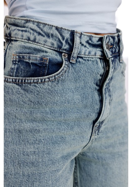 Yeşil Kar Yıkama Renkli Kadın Yüksek Bel Boru Paça Jean