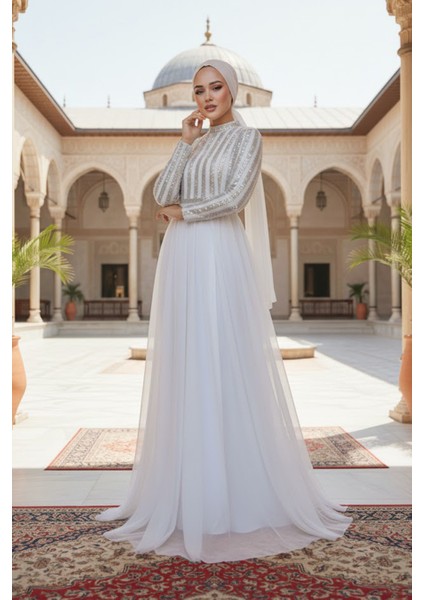 Pul Payetli Ekru Tesettür Abiye Elbise 5338E indirimleri
