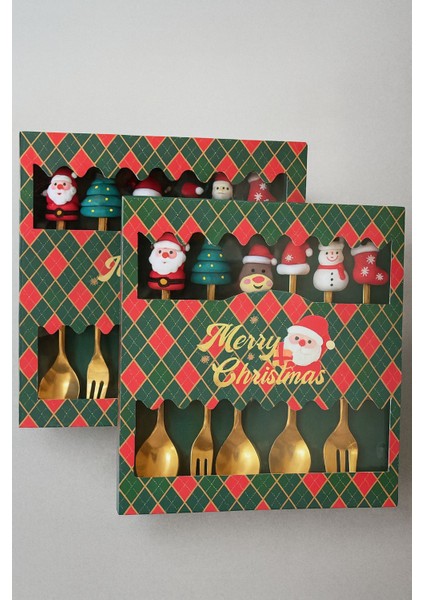 Yılbaşı Sofra Kaşık Çatal Seti Tatlı Veya Kahve Kaşığı Paslanmaz Çelik Gold - 6 Parça Yılbaşı Desenli