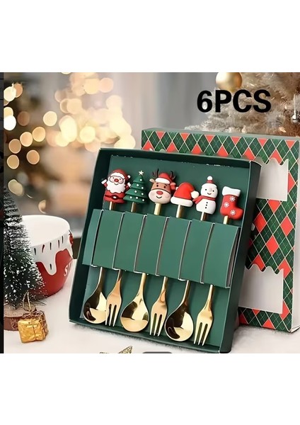 Yılbaşı Sofra Kaşık Çatal Seti Tatlı Veya Kahve Kaşığı Paslanmaz Çelik Gold - 6 Parça Yılbaşı Desenli modelleri