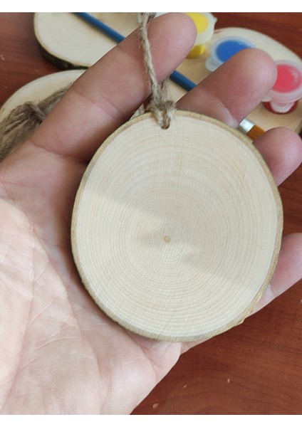 Doğal Ahşap Kütük Boyama Seti, 6 Renk, 6-7 Cm, Delikli, 4 Lü Dilim