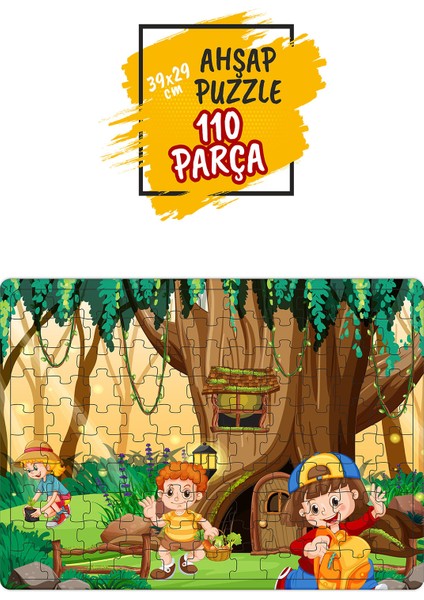 Sevimli Çocuklar Ormanda, Havuç ve Çiçek Temalı Ahşap Puzzle, 110 Parça