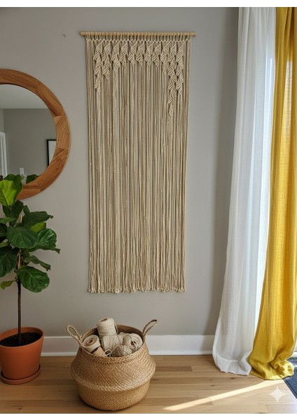 Ekru Makrome Perde Yaprak Desenli Duvar Süsü
