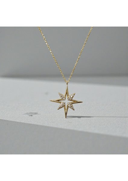 Kuzey Yıldızı Figürlü Zirkon Taşlı 14 Ayar Altın Kolye