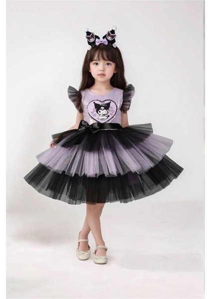 Kuromi Taç Aksesuarlı Pullu Baskılı Kız Elbise 3/10 Yaş