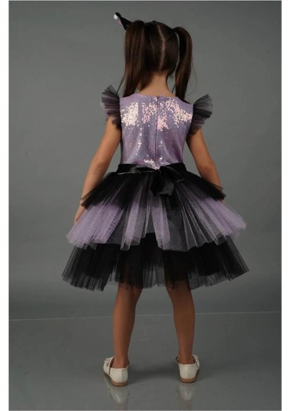 Kuromi Taç Aksesuarlı Pullu Baskılı Kız Elbise 3/10 Yaş