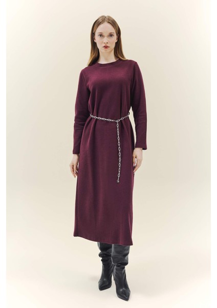 Regular Fit Bisiklet Yaka Uzun Kollu Kemerli Maxi Elbise G1885AX25WN