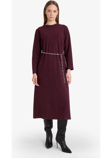 Regular Fit Bisiklet Yaka Uzun Kollu Kemerli Maxi Elbise G1885AX25WN fırsatları