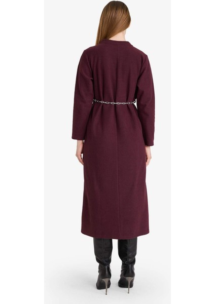 Regular Fit Bisiklet Yaka Uzun Kollu Kemerli Maxi Elbise G1885AX25WN