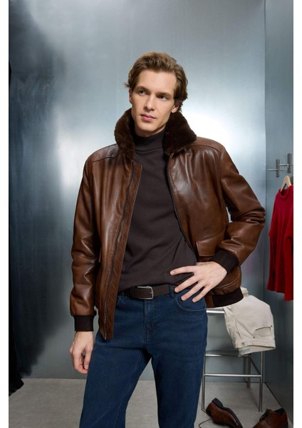 %100 Deri Premium Modern Fit Polo Yaka Astarlı Fermuarlı Mont G5521AX25WN