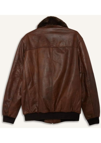 %100 Deri Premium Modern Fit Polo Yaka Astarlı Fermuarlı Mont G5521AX25WN