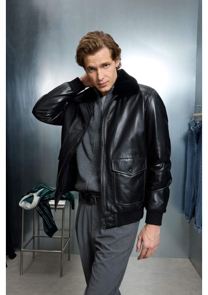 %100 Deri Premium Modern Fit Polo Yaka Astarlı Fermuarlı Mont G5521AX25WN