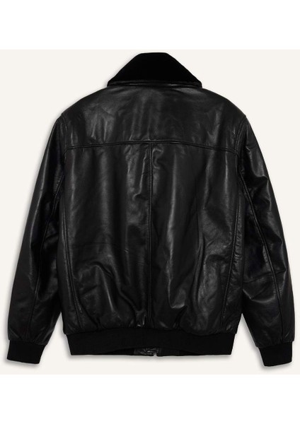 %100 Deri Premium Modern Fit Polo Yaka Astarlı Fermuarlı Mont G5521AX25WN