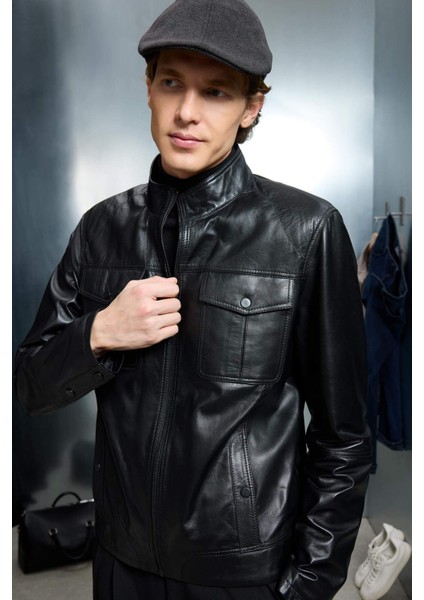 %100 Deri Premium Slim Fit Dar Kesim Dik Yaka Astarlı Fermuarlı Mont G5569AX25WN