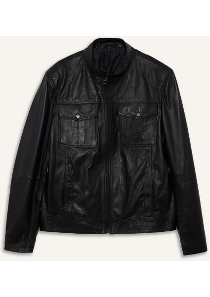 %100 Deri Premium Slim Fit Dar Kesim Dik Yaka Astarlı Fermuarlı Mont G5569AX25WN fırsatları